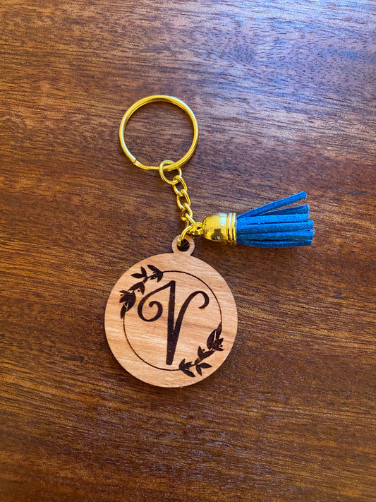 Floral alphabet wooden keychains